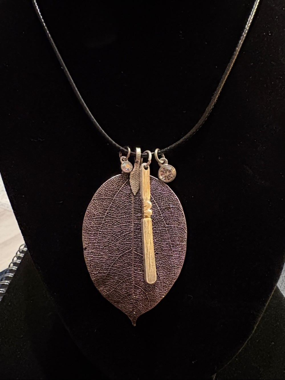 Silver Leaf  Mixed Metals Necklace with Pearls and Rhinestone Accents